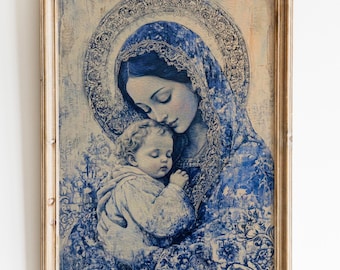 May include: Framed print of a religious artwork depicting a woman in a blue veil cradling a baby. The artwork has a vintage aesthetic with a gold-colored frame. The woman and baby are rendered in soft, muted tones, with a halo around the woman's head.