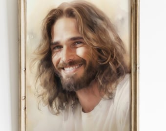 Smiling Jesus Christ Portrait, Happy Christian Art Print (Digital Download)