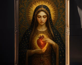 May include: A framed religious artwork depicts a woman in a dark blue robe holding a glowing heart. The artwork has a gold frame and a golden halo. The background features a dark wall and a wooden floor.