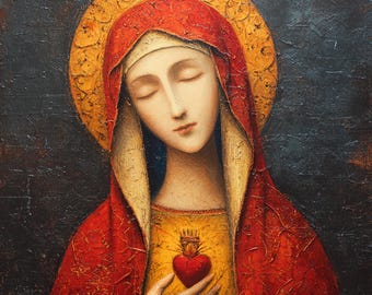 May include: An oil painting of a woman with closed eyes, wearing a red cloak and a gold halo. A red heart with a crown is on her chest. The background is dark.