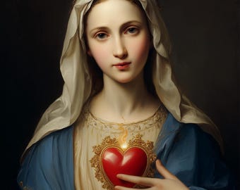 Lámina artística del Inmaculado Corazón de María, pintura religiosa clásica (descarga digital)