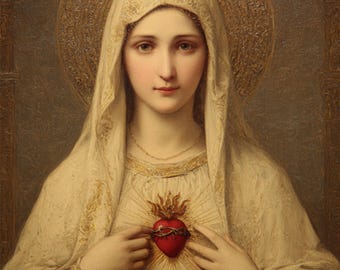 Lámina artística del Inmaculado Corazón de María, pintura católica clásica (descarga digital)