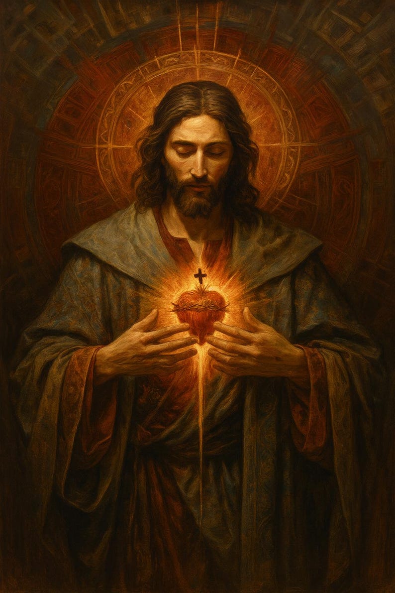 Puede incluir: Una pintura religiosa que representa una figura con cabello largo casta&ntilde;o y barba, vestida con una t&uacute;nica. La figura sostiene un coraz&oacute;n brillante con una cruz, irradiando luz. El fondo presenta un halo dorado.
