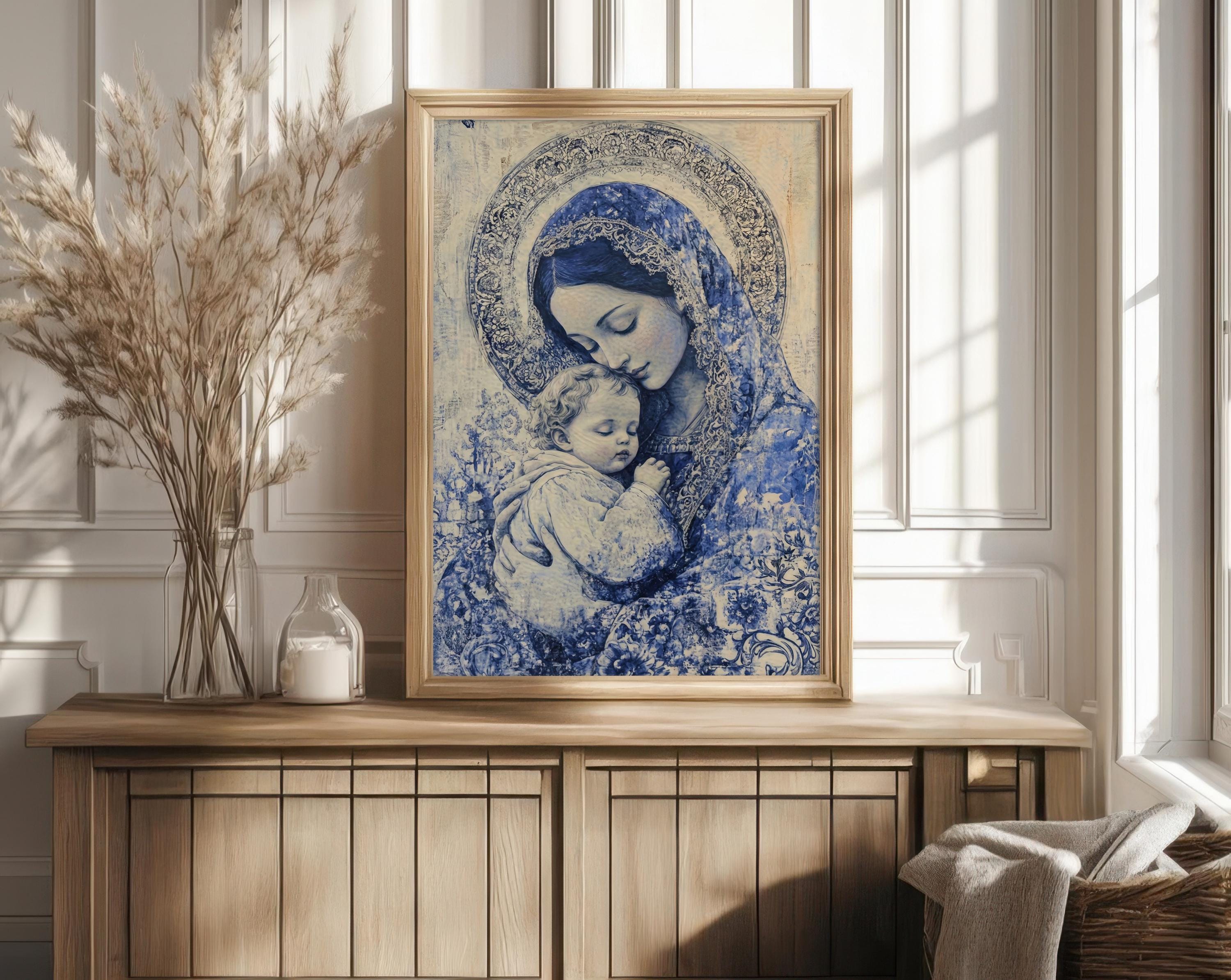 Blue Madonna and Child Painting: Religious Art Catholic Wall Decor ...