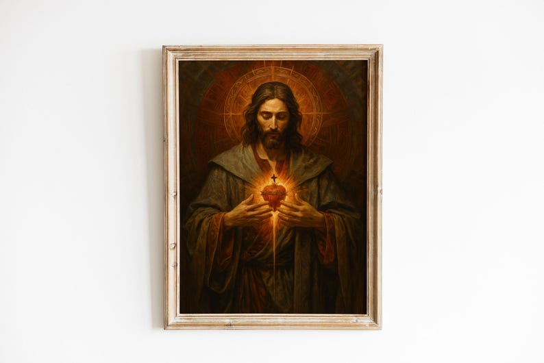 Puede incluir: Una obra de arte religiosa enmarcada que representa una figura con cabello largo y barba, vestida con una t&uacute;nica y sosteniendo un coraz&oacute;n brillante. La obra de arte tiene una paleta de colores c&aacute;lidos con un halo dorado y est&aacute; sobre un fondo oscuro.