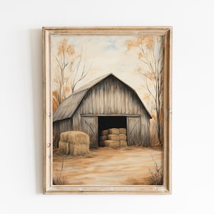 Vintage Barn Print,White Barn Print, Rustic Farmhouse Wall Art, Vintage Countryside Painting, Printable Country Home Decor #46