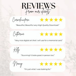 May include: A customer review graphic titled REVIEWS From our clients featuring four testimonials with five-star ratings. The reviews are from Carmelucifora, Catherine, Kelly, and Nancy, each accompanied by their specific feedback text in black font.