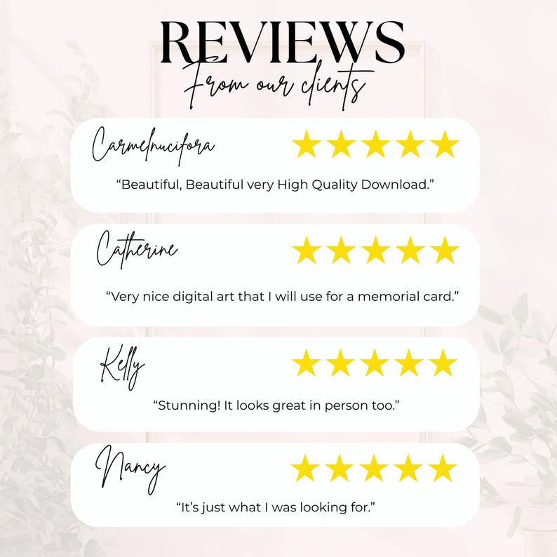 May include: A customer review graphic titled REVIEWS From our clients featuring four testimonials with five-star ratings. The reviews are from Carmelucifora, Catherine, Kelly, and Nancy, each accompanied by their specific feedback text in black font.