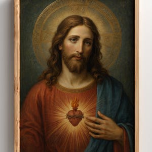 May include: A framed wall art print depicting a portrait of a figure with long brown hair and a beard, wearing a red tunic and blue mantle. A glowing Sacred Heart with a flame and crown of thorns is centred on the chest, set against a halo.
