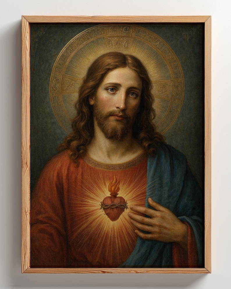 May include: A framed wall art print depicting a portrait of a figure with long brown hair and a beard, wearing a red tunic and blue mantle. A glowing Sacred Heart with a flame and crown of thorns is centred on the chest, set against a halo.