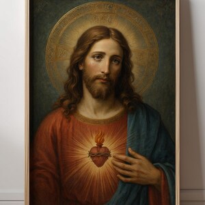 May include: A framed wall art print depicting a portrait of a bearded figure with long brown hair, wearing a red tunic and blue mantle. A glowing heart encircled by thorns and topped with flames is centred on the chest, set against a golden halo.