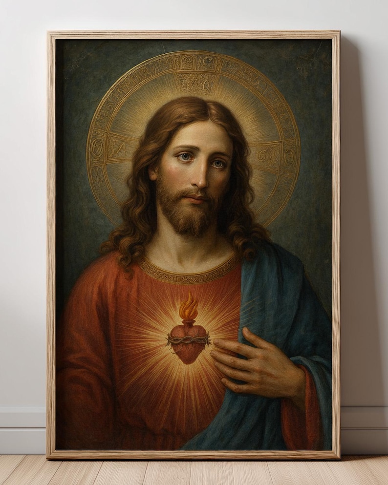 May include: A framed wall art print depicting a portrait of a bearded figure with long brown hair, wearing a red tunic and blue mantle. A glowing heart encircled by thorns and topped with flames is centred on the chest, set against a golden halo.