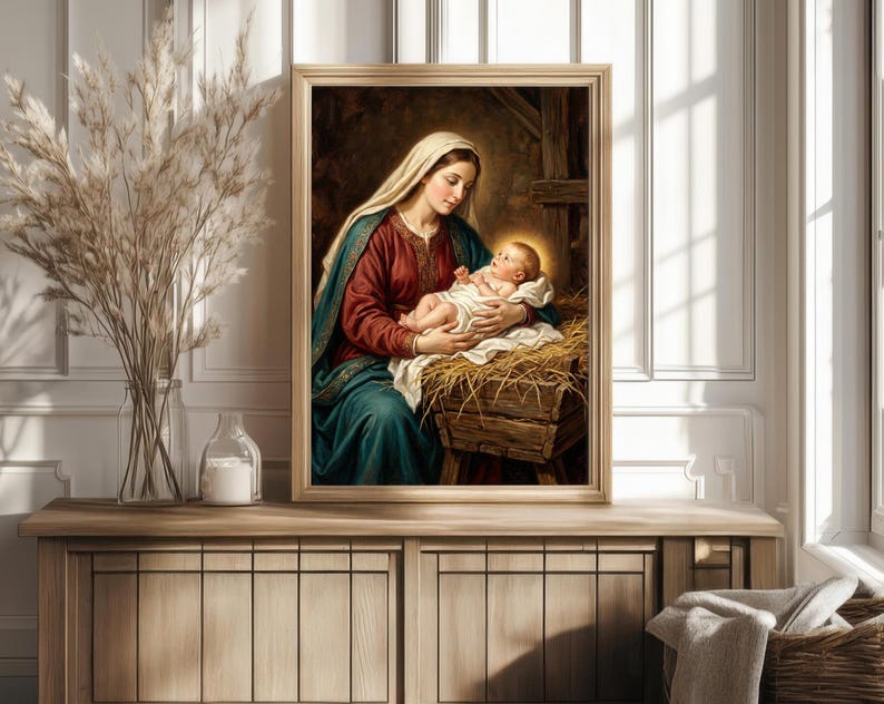 Madonna and Child Painting, Mother Mary & Baby Jesus Nativity Art ...