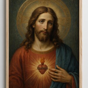 May include: A framed wall art print depicting a portrait of a bearded figure with long brown hair, wearing a red tunic and blue mantle. A glowing Sacred Heart with a crown of thorns is centred on the chest, set against a golden circular halo.