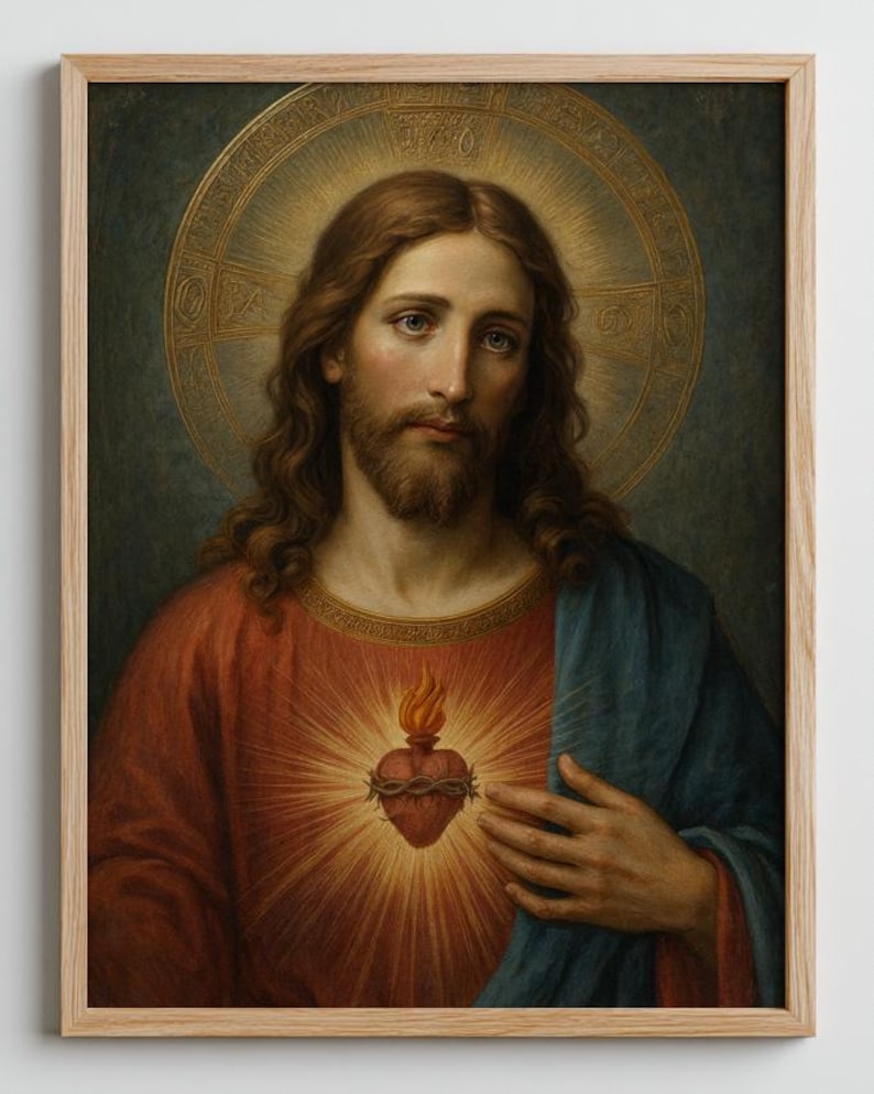 May include: A framed wall art print depicting a portrait of a bearded figure with long brown hair, wearing a red tunic and blue mantle. A glowing Sacred Heart with a crown of thorns is centred on the chest, set against a golden circular halo.