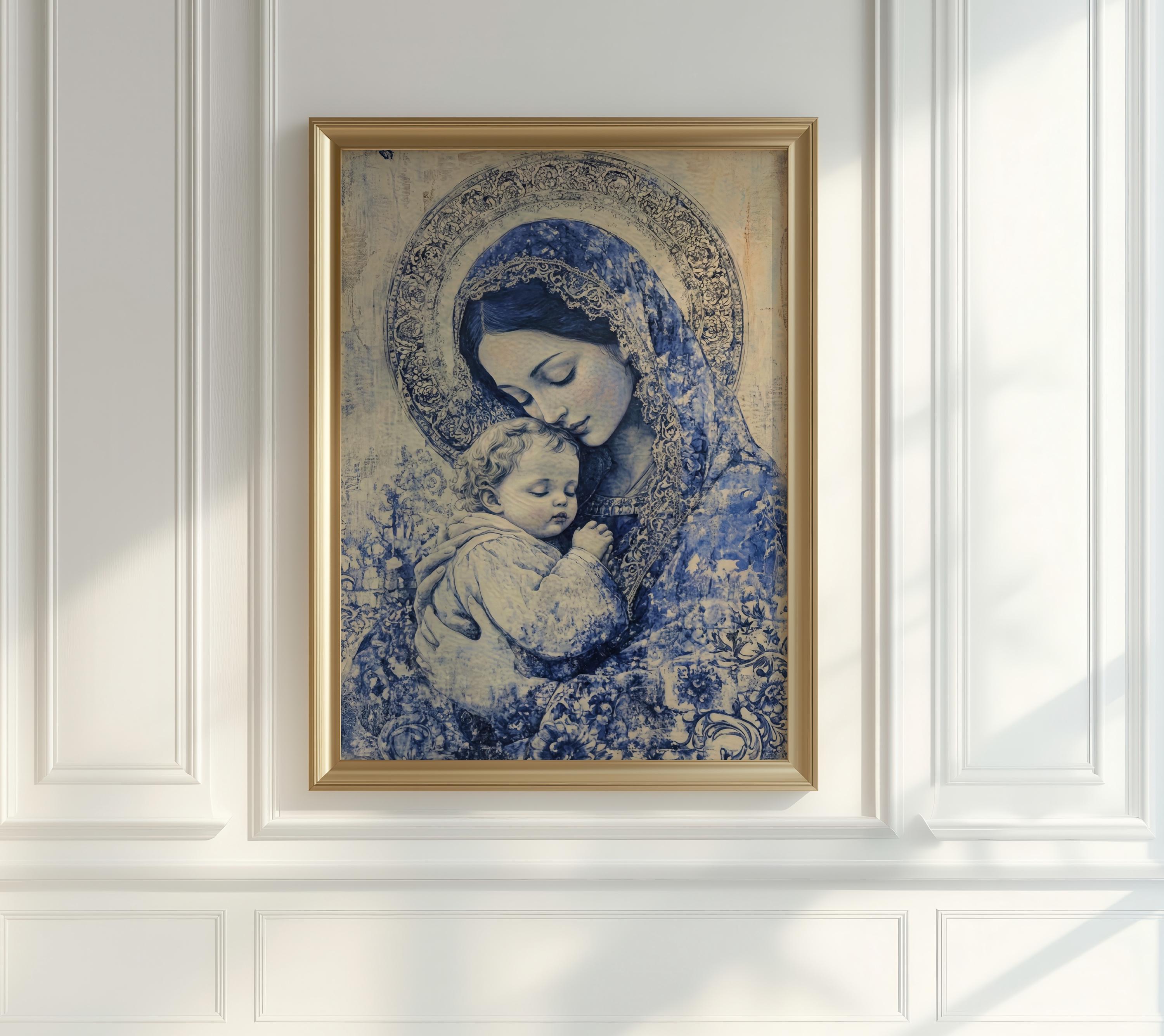 Blue Madonna and Child Painting: Religious Art Catholic Wall Decor ...
