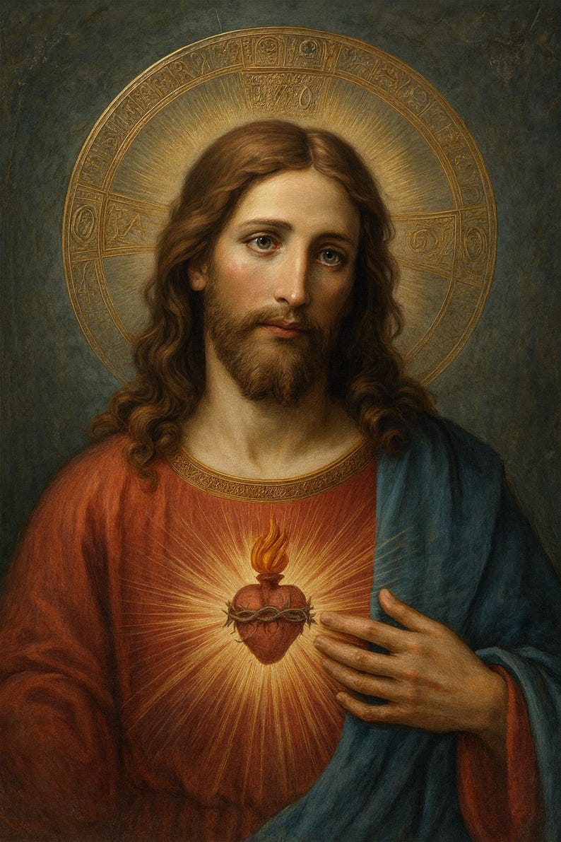 May include: A portrait of a figure with long brown hair and a beard, wearing a red tunic and a blue cloak. A glowing heart encircled by a crown of thorns is visible on the chest. A large, circular golden halo with intricate patterns surrounds the head.