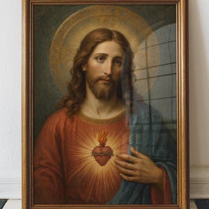 May include: A framed religious painting depicting a figure with long brown hair and a beard, wearing a red tunic and blue mantle. A golden halo surrounds the head, and a glowing Sacred Heart with a crown of thorns is centred on the chest.