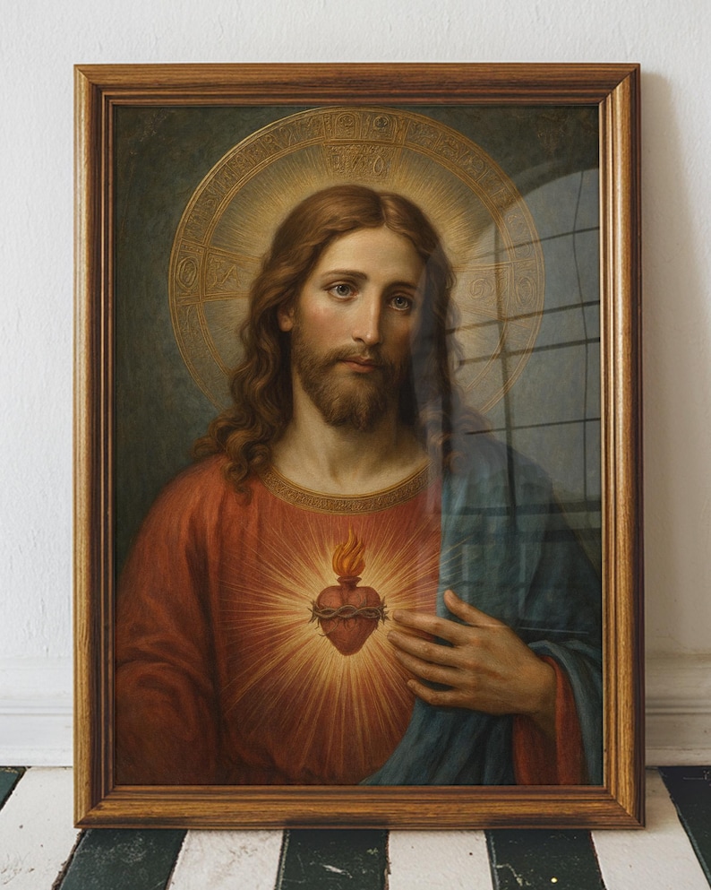 May include: A framed religious painting depicting a figure with long brown hair and a beard, wearing a red tunic and blue mantle. A golden halo surrounds the head, and a glowing Sacred Heart with a crown of thorns is centred on the chest.