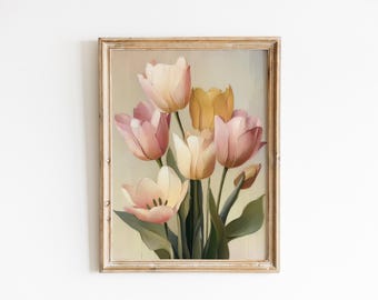 Vintage rosa Tulpenstrauß Kunstdruck, botanisches Blumendekor (digitaler Download)