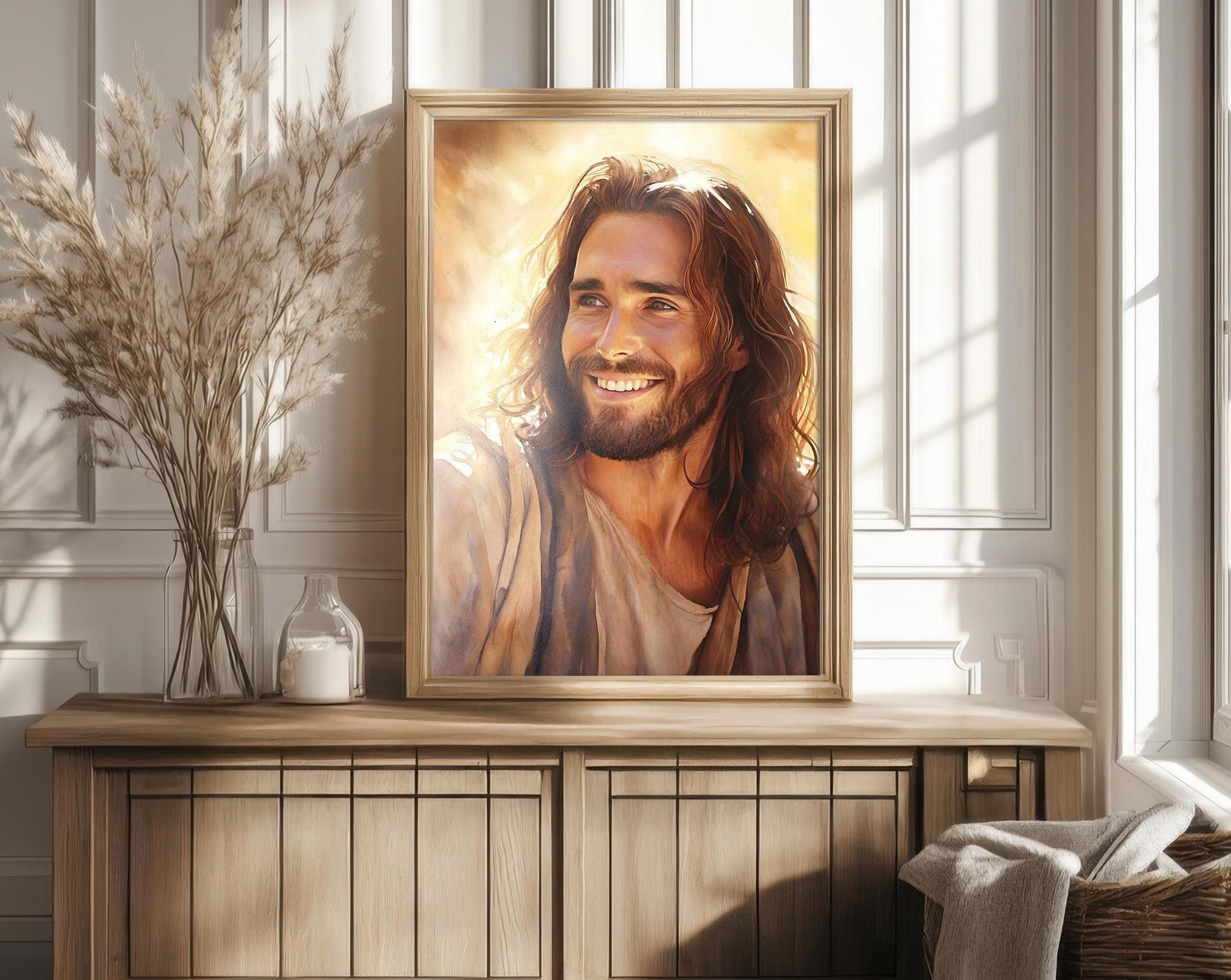 Smiling Jesus Portrait Printable, Christian Wall Art Digital Download ...