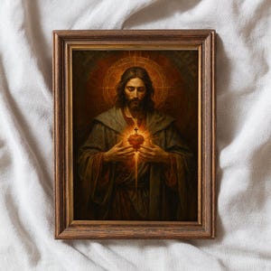 Puede incluir: Obra de arte religiosa enmarcada que presenta un retrato de Jesucristo. La imagen representa a Jes&uacute;s con pelo largo y barba, sosteniendo un coraz&oacute;n brillante con una cruz. La obra de arte est&aacute; ambientada sobre un fondo radiante y dorado y enmarcada en un marco de madera marr&oacute;n.