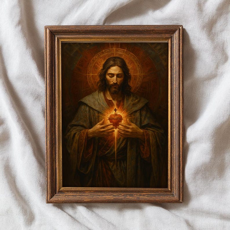 Puede incluir: Obra de arte religiosa enmarcada que presenta un retrato de Jesucristo. La imagen representa a Jes&uacute;s con pelo largo y barba, sosteniendo un coraz&oacute;n brillante con una cruz. La obra de arte est&aacute; ambientada sobre un fondo radiante y dorado y enmarcada en un marco de madera marr&oacute;n.
