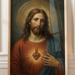 May include: A framed wall art print depicting a portrait of a bearded figure with long brown hair, wearing a red tunic and blue mantle. A glowing heart encircled by thorns and topped with flames is centred on the chest, set against a golden halo.