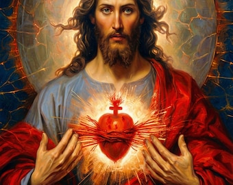Lámina artística del Sagrado Corazón de Jesús: Decoración de pared cristiana católica (descarga digital)
