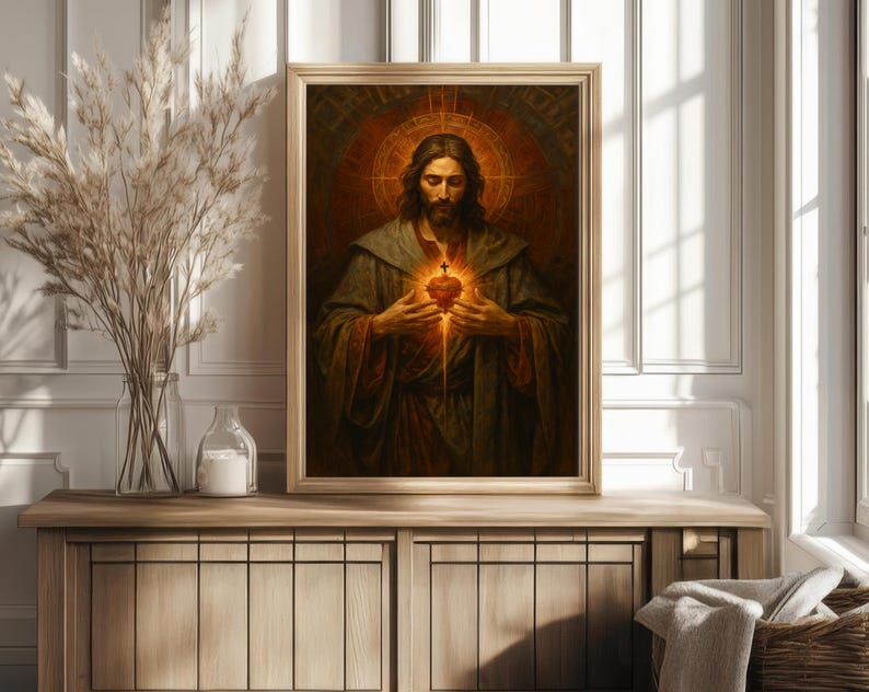 Puede incluir: Un retrato religioso enmarcado representa una figura con pelo largo y barba, sosteniendo un coraz&oacute;n brillante. La obra de arte presenta tonos c&aacute;lidos de marr&oacute;n, dorado y rojo, con un efecto de halo alrededor de la cabeza. La pintura se exhibe en un mueble de madera.