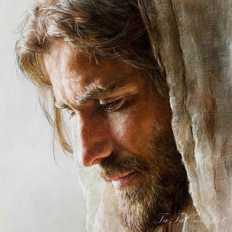 May include: A detailed portrait of a man with long, light brown hair and a full beard, looking down with a contemplative expression. He is wearing a white cloth draped over his head and shoulders. The artwork is rendered with soft shading and a focus on the face.