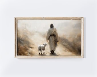 May include: A painting of a man in a white robe walking with a white lamb on a dirt path. The background is a hazy landscape.
