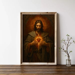 Puede incluir: Una obra de arte religiosa enmarcada representa una figura con pelo largo y barba, sosteniendo un coraz&oacute;n brillante. La obra est&aacute; sobre un fondo radiante, con un marco de madera. La paleta de colores incluye tonos c&aacute;lidos de oro, rojo y marr&oacute;n.