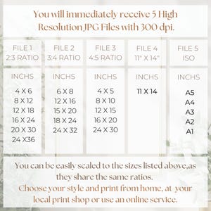 May include: A beige graphic with text detailing 5 high-resolution JPG file sizes in inches and ISO formats. Sizes include 4x6, 8x12, 12x18, 16x24, 20x30, 24x36, 6x8, 12x16, 15x20, 18x24, 24x32, 4x5, 8x10, 12x15, 16x20, 24x30, 11x14, A5, A4, A3, A2, and A1.