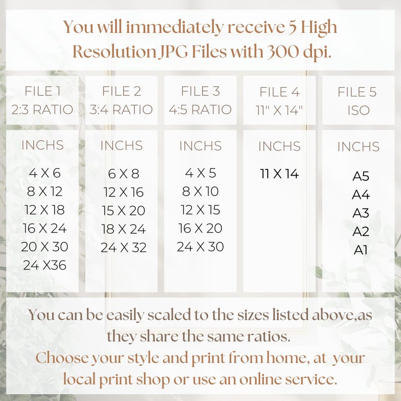 May include: A beige graphic with text detailing 5 high-resolution JPG file sizes in inches and ISO formats. Sizes include 4x6, 8x12, 12x18, 16x24, 20x30, 24x36, 6x8, 12x16, 15x20, 18x24, 24x32, 4x5, 8x10, 12x15, 16x20, 24x30, 11x14, A5, A4, A3, A2, and A1.