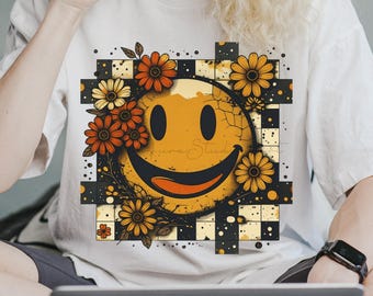 Grunge Smiley Face PNG: Retro Floral Checkered Sublimation Design (Digital Download