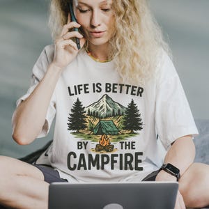Campfire Mountain Scene PNG: Retro Camping Shirt Graphic (Digital Download)