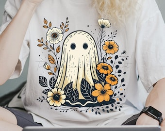Vintage Halloween Ghost PNG: Floral Spooky Clipart for Sublimation