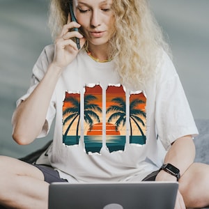 Retro Palm Tree Sunset PNG: Boho Beach Wall Art (Digital File)