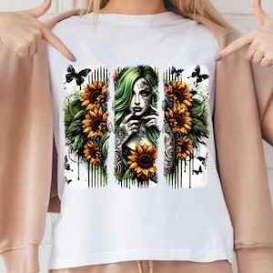 Sunflower Girl PNG, Tattoo Women PNG, Bad Ass Bitch Clip Art, Sublimation, Green Hair Tattoo Print, Digital file, Create Your Own Designs