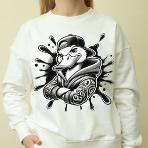 Streetwear Cartoon Duck Png, Cool Streetwear Duck Art, Tattooed Cartoon Duck Hoodie Design, Transparent Background, 300 DPI