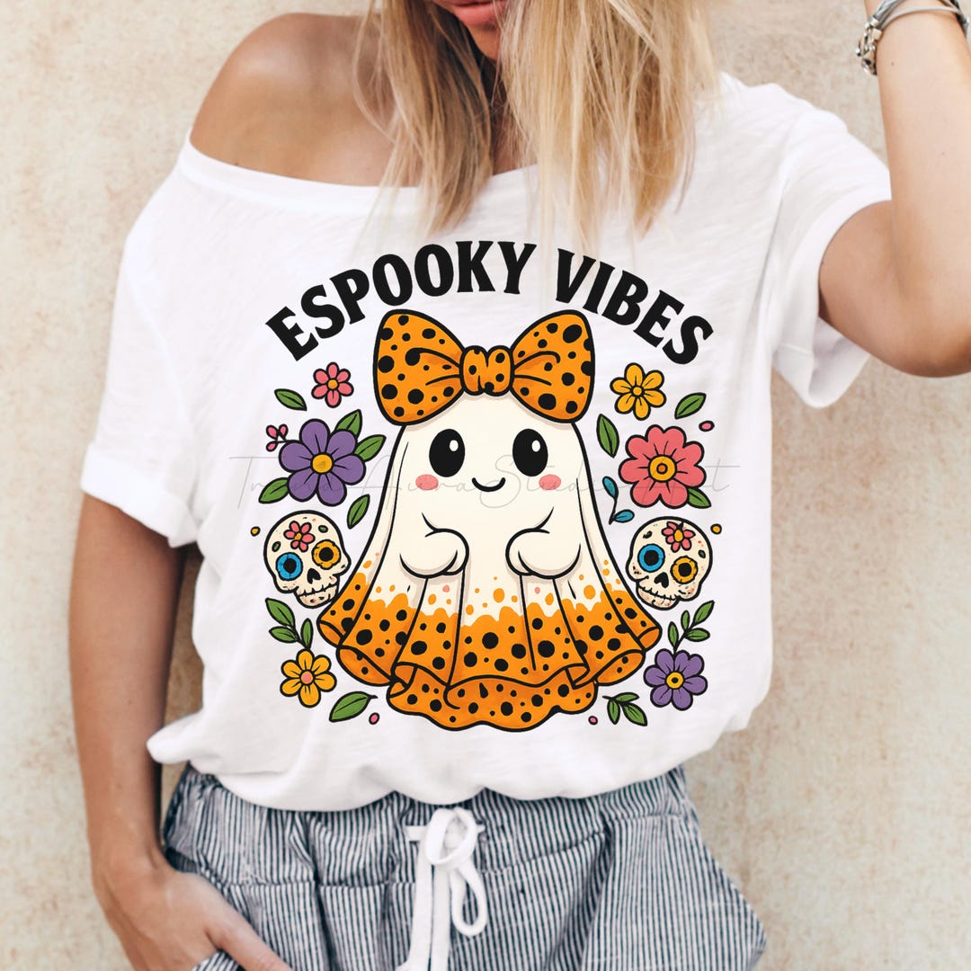 Kawaii Halloween Ghost PNG: Polka Dot Bow & Flowers (digital Download ...