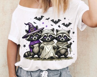 Clipart de mapache de Halloween: Disfraces de bruja y momia (Descarga digital PNG)