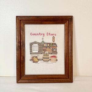 Vintage Framed Needlepoint Cross Stitch Embroidery &quot;Country Store&quot; Wood Picture Frame Wall Hanging Cottagecore