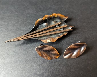 Vintage Copper Brooch and Earring Set - Mid Century Modern Contemporary Leaf Jewelry in Patinated Copper