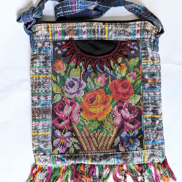 Mayan Woven Tote Bag Made from Repurposed Vintage Textiles - Large Guatemalan Huipil Bag with Embroidered Flowers