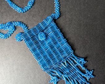 Beaded Medicine Bag Necklace - Vintage Mayan Peyote Stitch Amulet Pouch Necklace- Iridescent Turquoise Bugle Beads with Star Fringe