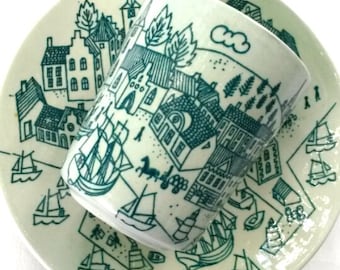 Vintage Nymolle Danish Demitasse Cup and Small Plate . Paul Hoyrup Limited Edition 4006 Made in Denmark 1960s Seaport Scene