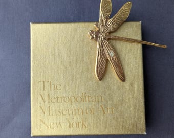 Metropolitan Museum of Art Signed Gold Dragonfly Brooch - Vintage MMA Large Golden Dragonfly Pin in the Original Box
