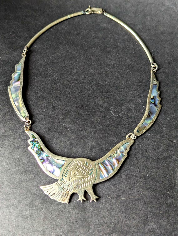 Vintage Alpaca Silver and Abalone Eagle Necklace - Mexican Silver Bird Necklace with Inlaid Shell